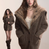 VIA PITTI 2511 重磅狐狸毛大翻领毛织外套 深咖