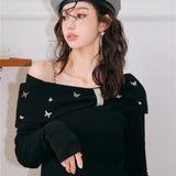 DIANA VEVINA 2508 银片蝶水钻一字肩毛衣
