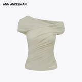 ANN ANDELMAN 2507 不规则领上衣褶皱Tee 灰绿