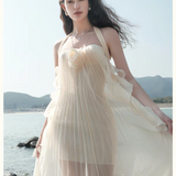 SHEER LUCK 2602 网纱挂脖抹胸露腰连衣裙 杏