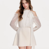 Kroche 2604 缎面拼接露肩收腰连衣裙