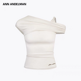 ANN ANDELMAN 2507 不对称立裁褶皱斜肩短袖 杏