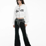 DIANA VEVINA 黑色毛边拼接牛仔裤