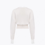 ANN ANDELMAN 2510 V领蕾丝拼接收腰毛织开衫 白