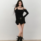 VIA PITTI 2509 露肩皮带荡领撒银针织上衣 黑
