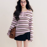 Kroche 2511 撞色一字肩条纹针织衫