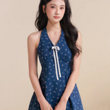 Kroche 2606 100%棉碎花花边拼接绑带V领挂脖上衣
