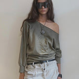 SCULPTOR 2511 Boho Washed Off-Shoulder Tee Khaki