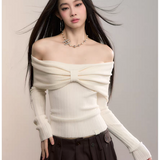 VIA PITTI 2512 蝴蝶结一字肩坑条针织打底 米白