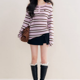 Kroche 2511 撞色一字肩条纹针织衫