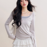 Kroche 2511 真两件大U领绑带打底长袖 雾霾蓝