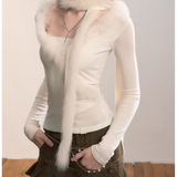 VIA PITTI 2511 真狐狸毛领围巾V领针织上衣