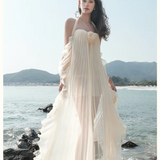 SHEER LUCK 2602 网纱挂脖抹胸露腰连衣裙 杏