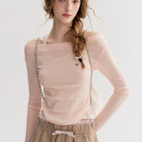 Kroche 2510 撞色假两件一字肩针织衫