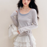 Kroche 2511 真两件大U领绑带打底长袖 雾霾蓝