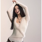 VIA PITTI 2511 真狐狸毛领围巾V领针织上衣