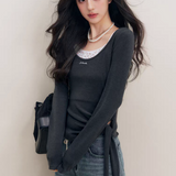 Kroche 2510 真两件大U领绑带打底长袖 深灰