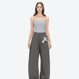 13DE MARZO | 2608 Curved-Hem Stripe Rhinestone Trousers Grey