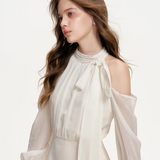 Kroche 2604 缎面拼接露肩收腰连衣裙