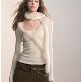 VIA PITTI 2511 真狐狸毛领围巾V领针织上衣