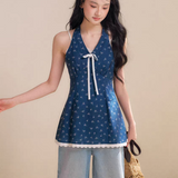 Kroche 2606 100%棉碎花花边拼接绑带V领挂脖上衣