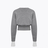 ANN ANDELMAN 2510 V领蕾丝拼接收腰毛织开衫 灰