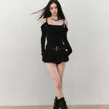 VIA PITTI 2509 露肩皮带荡领撒银针织上衣 黑