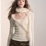 VIA PITTI 2511 真狐狸毛领围巾V领针织上衣