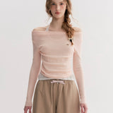 Kroche 2510 撞色假两件一字肩针织衫