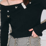 DIANA VEVINA 2508 银片蝶水钻一字肩毛衣