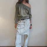 SCULPTOR 2511 Boho Washed Off-Shoulder Tee Khaki