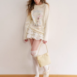 Kroche 2606 原创手绘窗台玫瑰珍珠图案宽松T恤