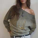 SCULPTOR 2511 Boho Washed Off-Shoulder Tee Khaki