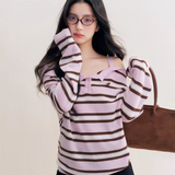 Kroche 2511 撞色一字肩条纹针织衫