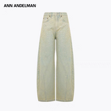 ANN ANDELMAN 2504 闪钻珍珠做旧牛仔弯刀裤 浅黄