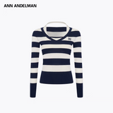 ANN ANDELMAN 2505 V领毛织条纹假两件 藏青