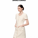 SHRO ENRO 2506 缎面抽褶拼接粗花呢连衣裙