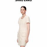 SHRO ENRO 2506 缎面抽褶拼接粗花呢连衣裙