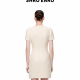 SHRO ENRO 2506 缎面抽褶拼接粗花呢连衣裙