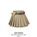 13DE MARZO | 2406 High Waist Belt Pleated Skirt Brown