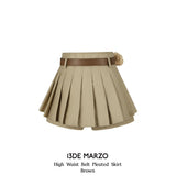 13DE MARZO | 2406 High Waist Belt Pleated Skirt Brown