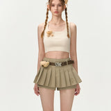 13DE MARZO | 2406 High Waist Belt Pleated Skirt Brown