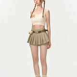 13DE MARZO | 2406 High Waist Belt Pleated Skirt Brown