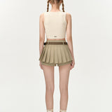 13DE MARZO | 2406 High Waist Belt Pleated Skirt Brown