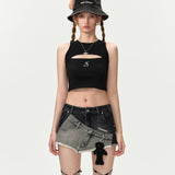 13DE MARZO | 2406 Double Distressed Denim Shorts Black