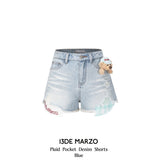 13DE MARZO | 2504 Plaid Pocket Denim Shorts Blue