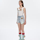 13DE MARZO | 2504 Plaid Pocket Denim Shorts Blue