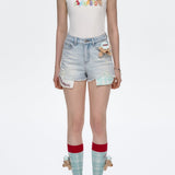 13DE MARZO | 2504 Plaid Pocket Denim Shorts Blue